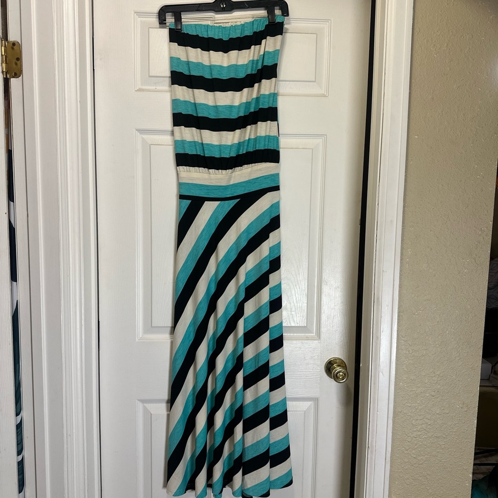 Veronica M Striped Dress in Black, White, and Teal
